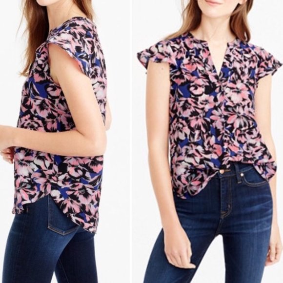 J Crew Silk Flutter Sleeve Top in Hibiscus Print - Picture 1 of 9